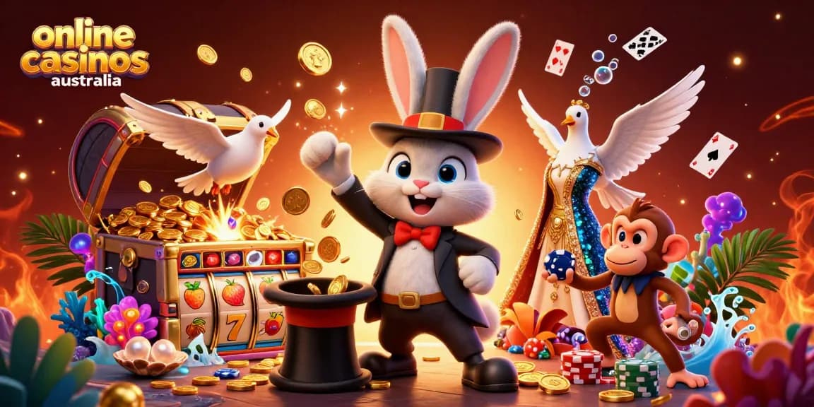 Engaging scene showcasing online casinos australia with a magician rabbit, dove, and monkey amid colorful gambling elements.