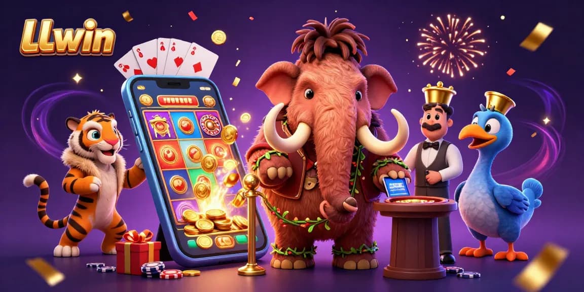Experience gaming excitement at LLwin with a lively casino scene full of animated characters and vibrant elements.