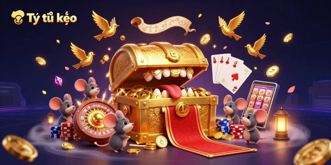Experience Tỷ lệ kèo with dynamic illustration of a treasure chest and golden treasures.