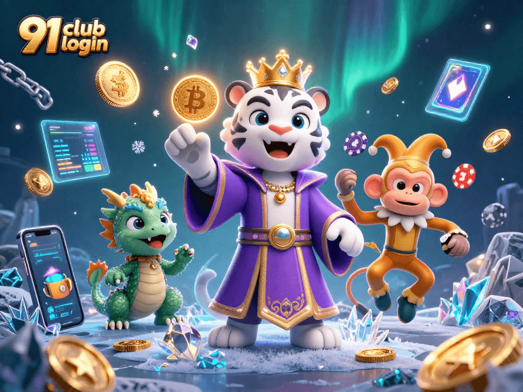 Engage in thrilling gameplay at 91 club login with a vibrant 3D illustration of casino elements and characters.