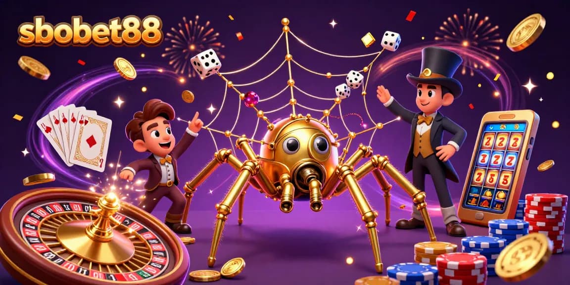 SBOBET88 features an engaging bet scene with golden spider web and lively casino elements.