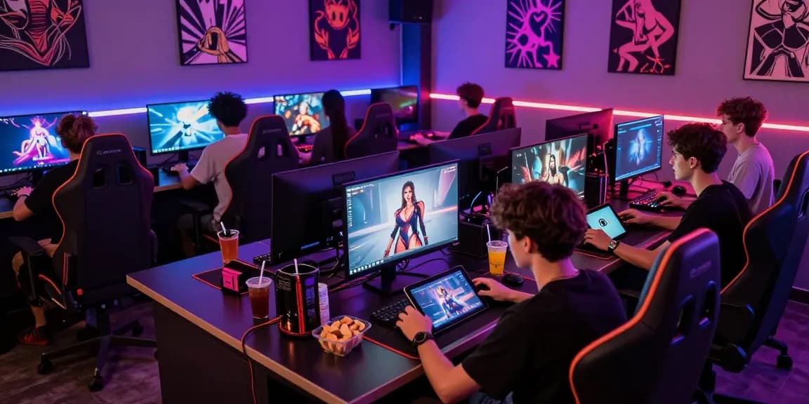 Engaged group playing porn games in vibrant gaming lounge with diverse devices.