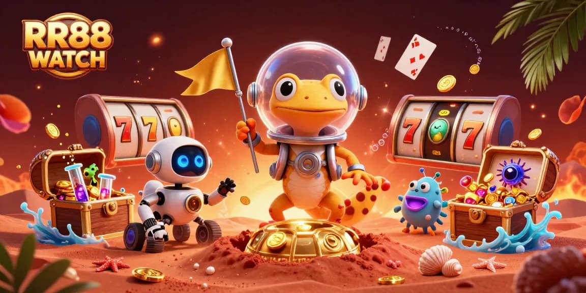 Experience the excitement of RR88 WATCH with a Martian gecko discovering a golden casino, surrounded by dynamic gambling elements.