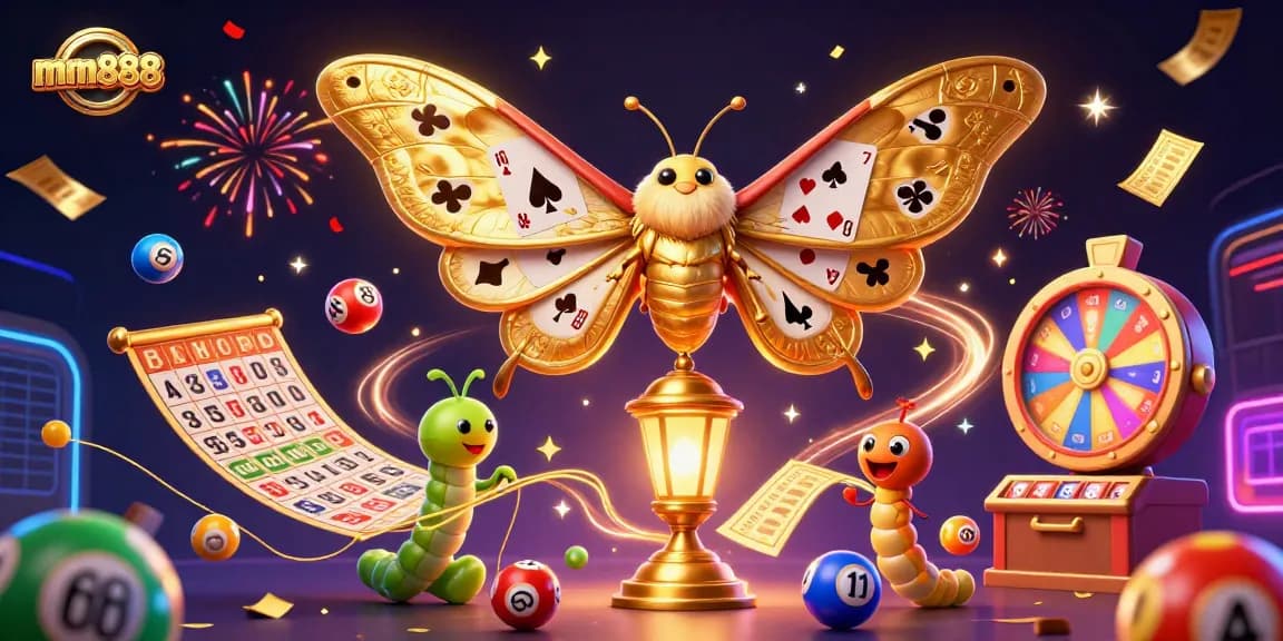 Engage with mm888's vibrant casino world featuring an atlas moth and dynamic gaming elements.