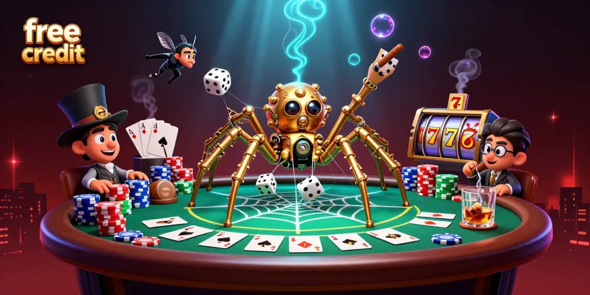 Catch free credit bonuses with the steampunk spider's web of casino prizes and vibrant poker elements.