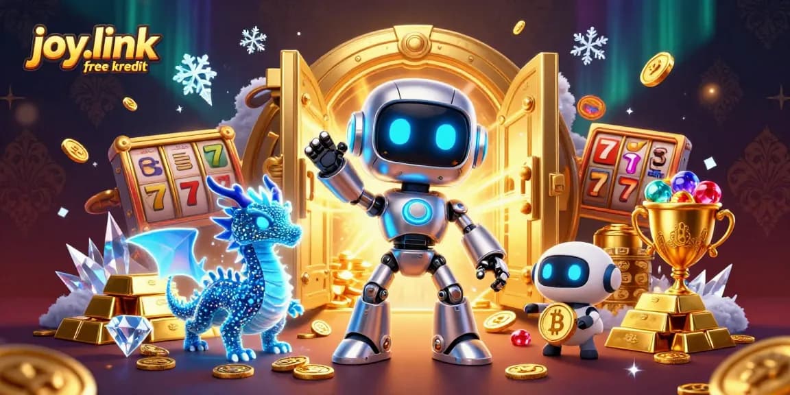 Engage with joy.link free kredit in a vibrant crypto casino scene featuring a dynamic 3D robot mascot.