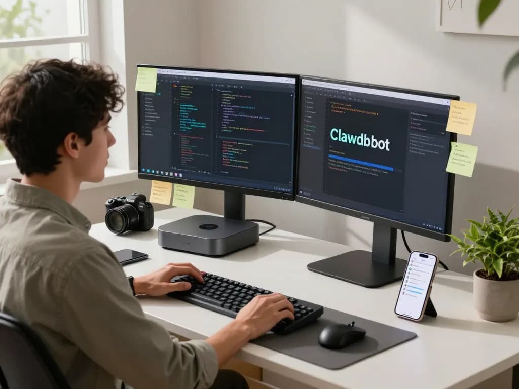 Clawdbot Mac setup in a modern home office with dual monitors and Mac mini, showcasing productivity with AI