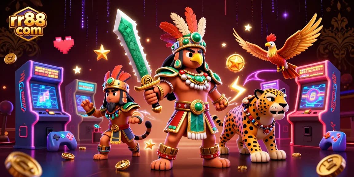 Experience the thrill at rr88 com with an epic scene of Aztec warriors surrounded by vibrant casino elements.