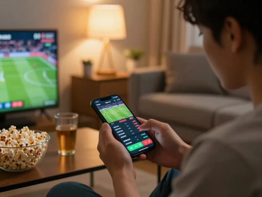 Person engaging in online sports betting while checking ty le keo nha cai on smartphone in cozy living room.