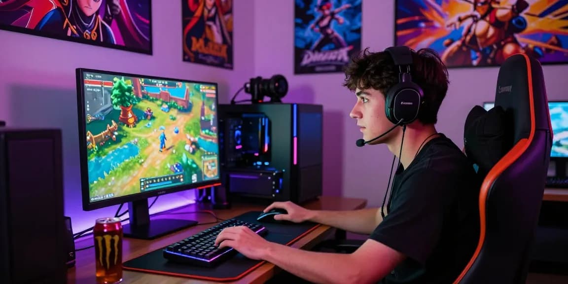 Gamer engaged in a hentaigame on a high-resolution monitor with LED lights.