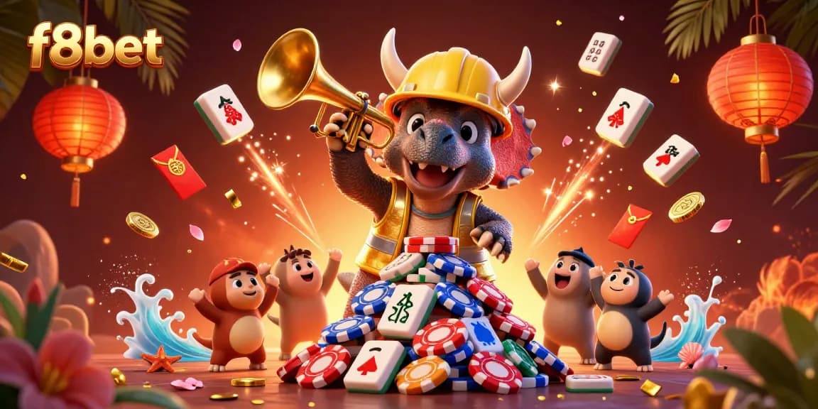 Celebrate gaming with f8bet as a triceratops builds poker chips and cheerful characters surround it.