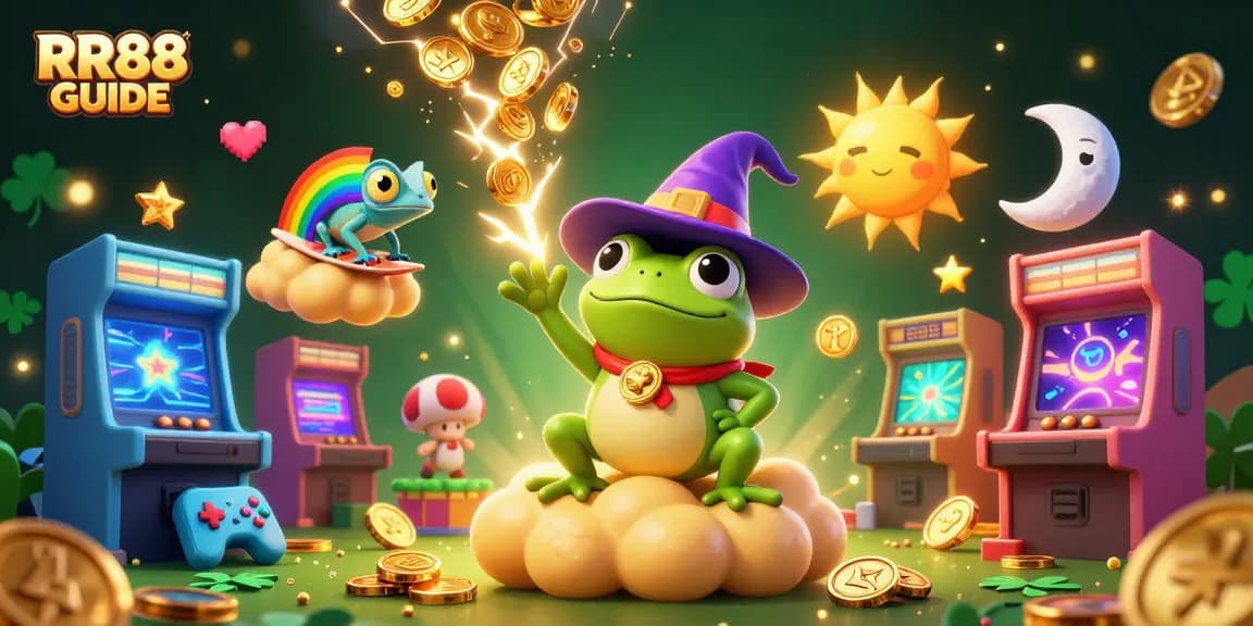 Experience RR88 GUIDE with this vibrant casino-themed 3D illustration featuring gaming elements and unique characters.