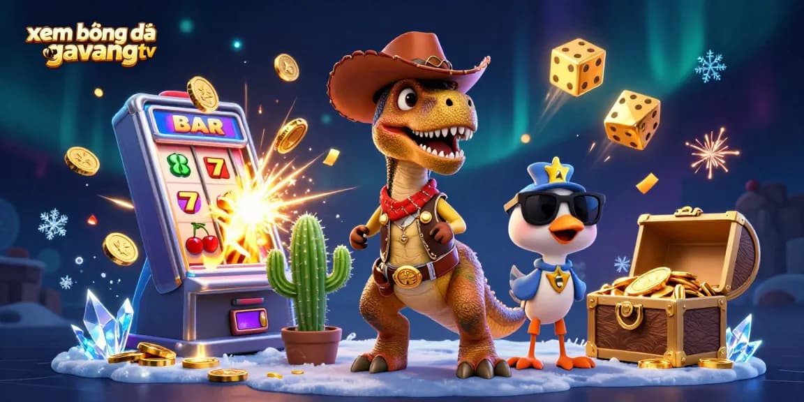 xem bóng đá gavangtv features a lively scene with a cowboy dinosaur and casino elements.