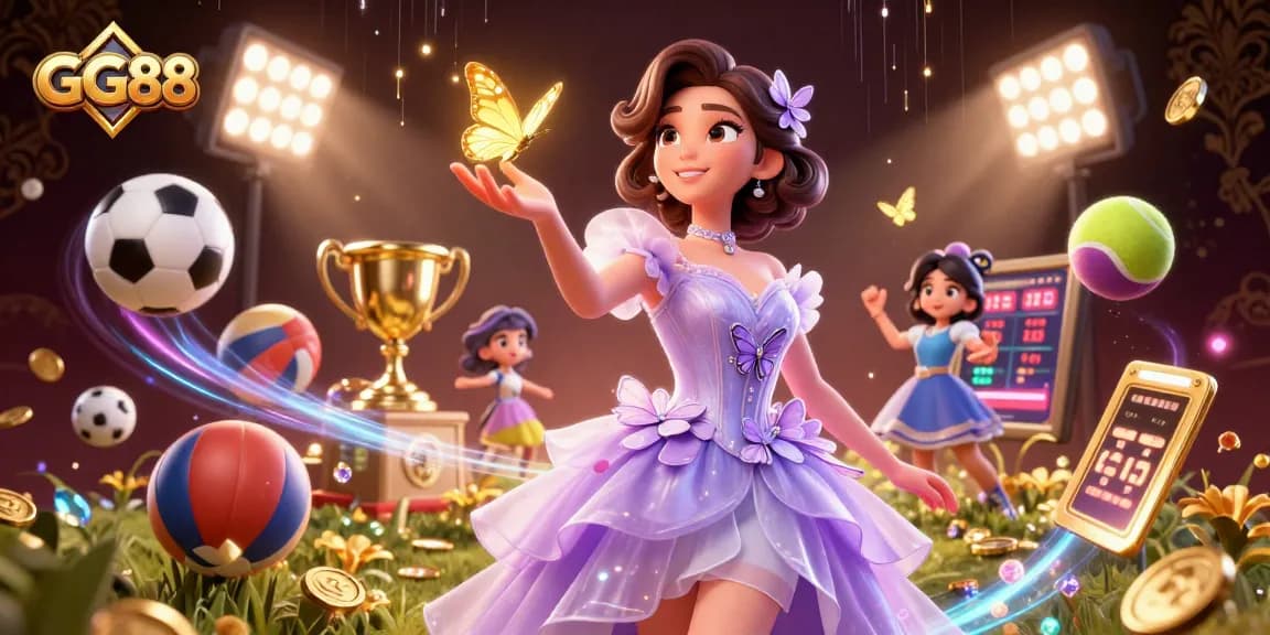 Bet on GG88 with stunning visuals of sports elements, golden trophies, and engaging characters.