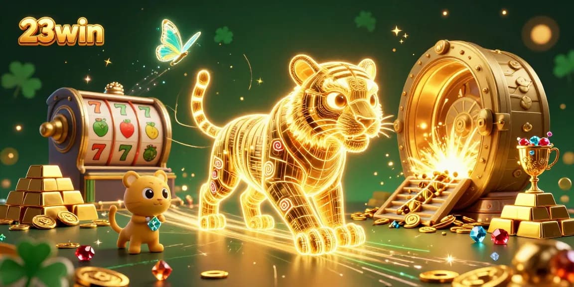 Engage with 23win's electrifying 3D casino scene featuring golden tiger and dynamic slot elements.