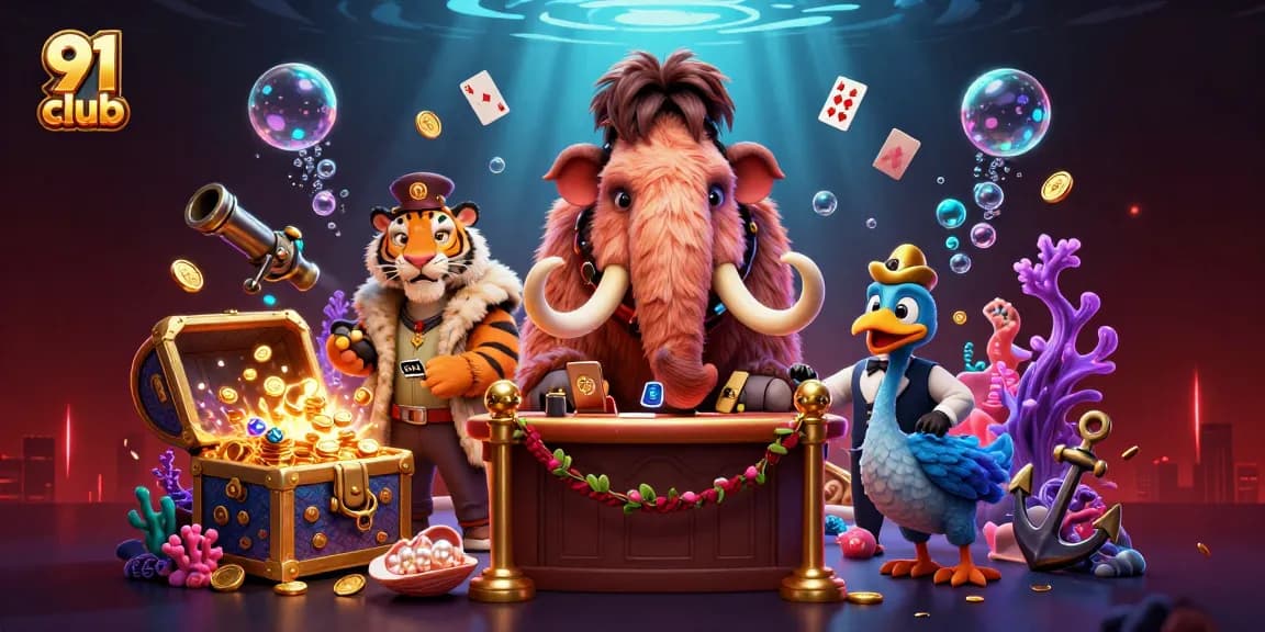 Navigate the 91 club with a vibrant 3D casino scene featuring characters and engaging game elements.
