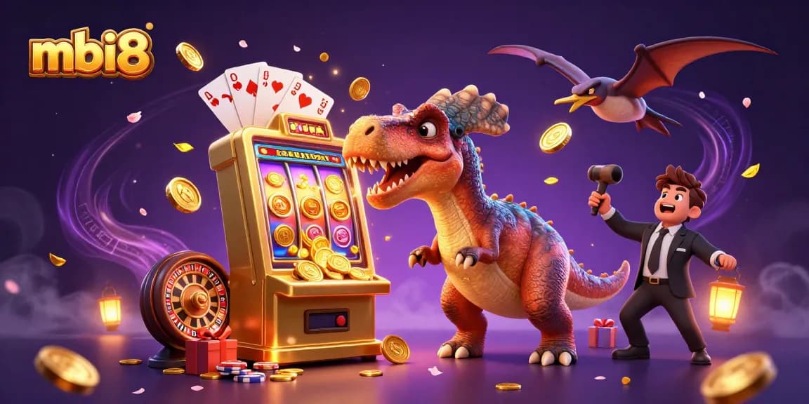 mbi8 features a cartoon dinosaur winning at a slot machine, showcasing vibrant casino elements.