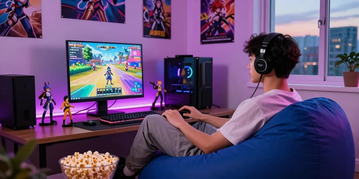 Gamer enjoying an ecchi game on a laptop in a cozy room with vibrant atmosphere and gaming accessories.
