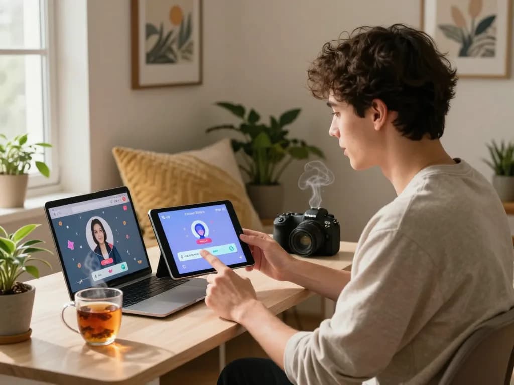 Engaging AI sex chat interaction in a cozy home office, featuring a young adult conversing with a customizable chatbot interface.