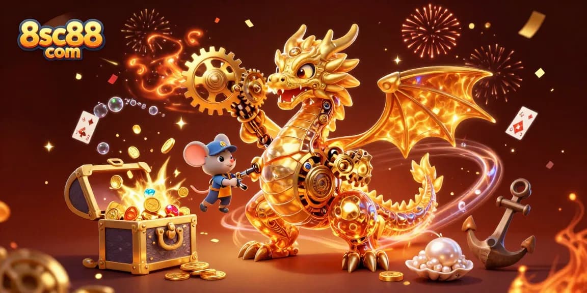 Experience thrilling gameplay at 8sc88 com with a vibrant 3D illustration featuring a golden dragon and treasure.