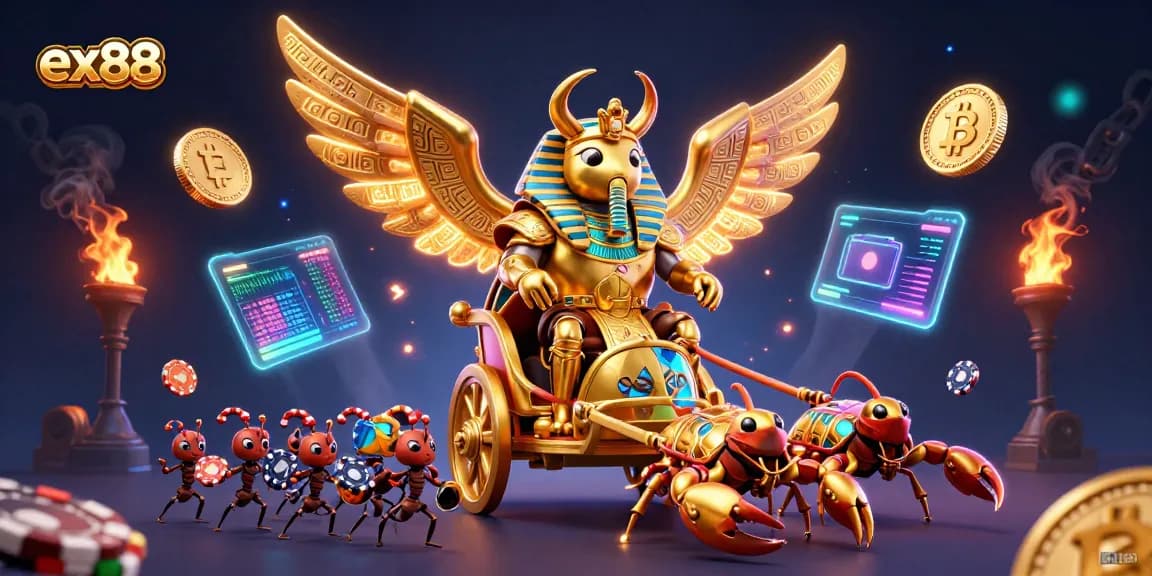 Experience the excitement of ex88 with a captivating 3D illustration showcasing golden beetles and crypto coins.