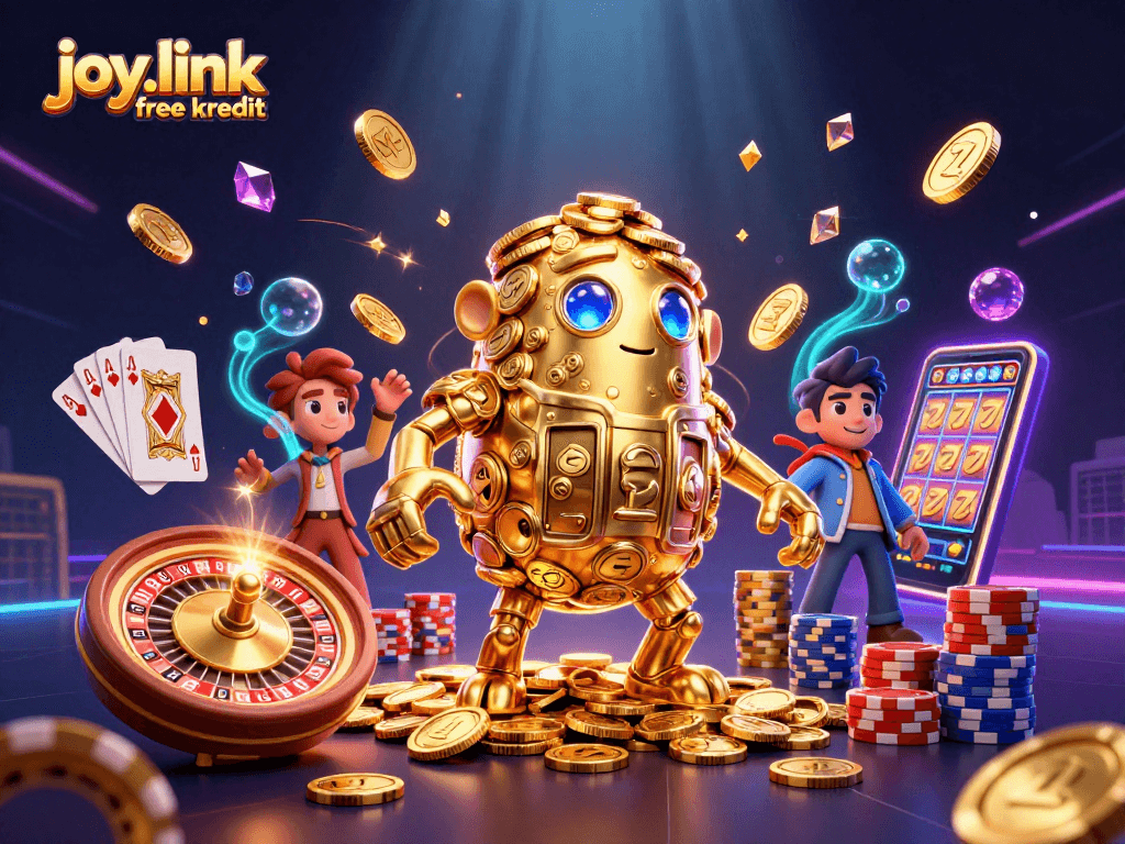 Engage with joy.link free kredit and experience a vibrant 3D casino scene filled with gold and exciting game elements.
