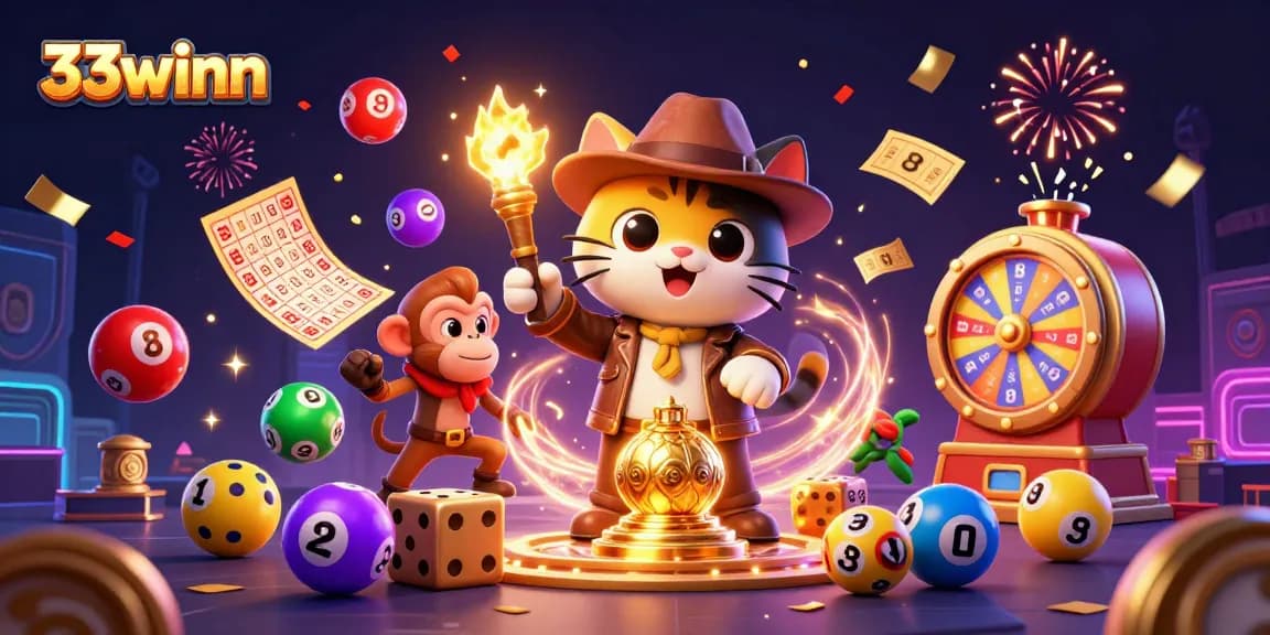 Join the adventure with 33winn as our explorer cat uncovers treasure in a vibrant casino setting.