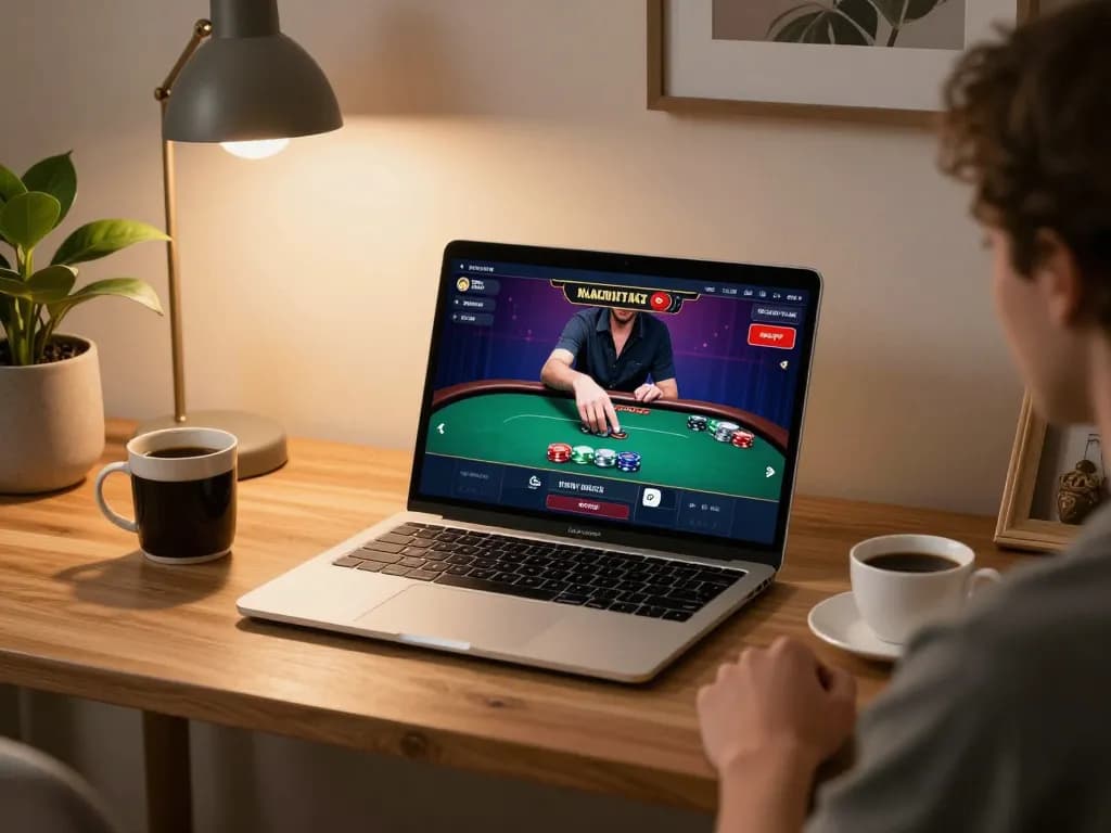 M88 casino login screen showcasing poker gameplay in a cozy home gaming setup