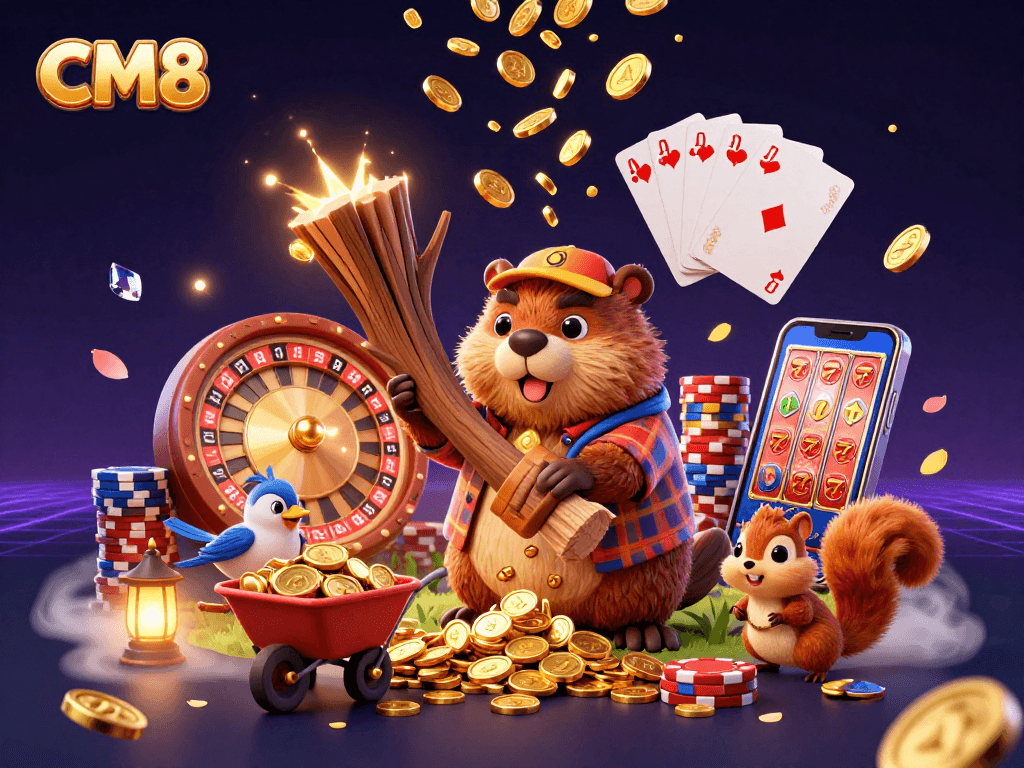Engage in exciting gameplay at CM8 with a beaver and friends collecting golden coins in a vibrant casino.