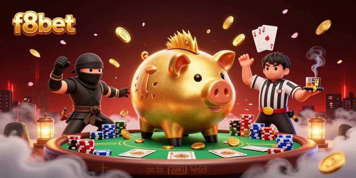 Engage with f8bet in an intense poker battle featuring dynamic characters and vibrant casino elements.