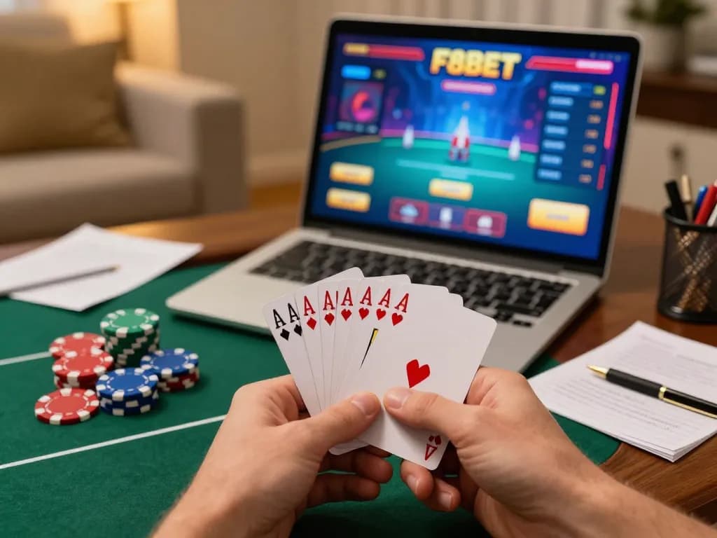 F8BET players engage in thrilling online poker action with winning cards and chips.