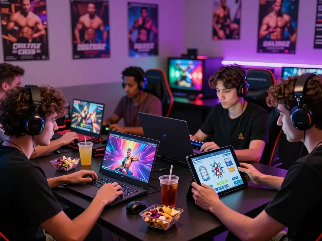 Engaged players enjoying gay porn games in a modern gaming lounge with vibrant atmosphere.