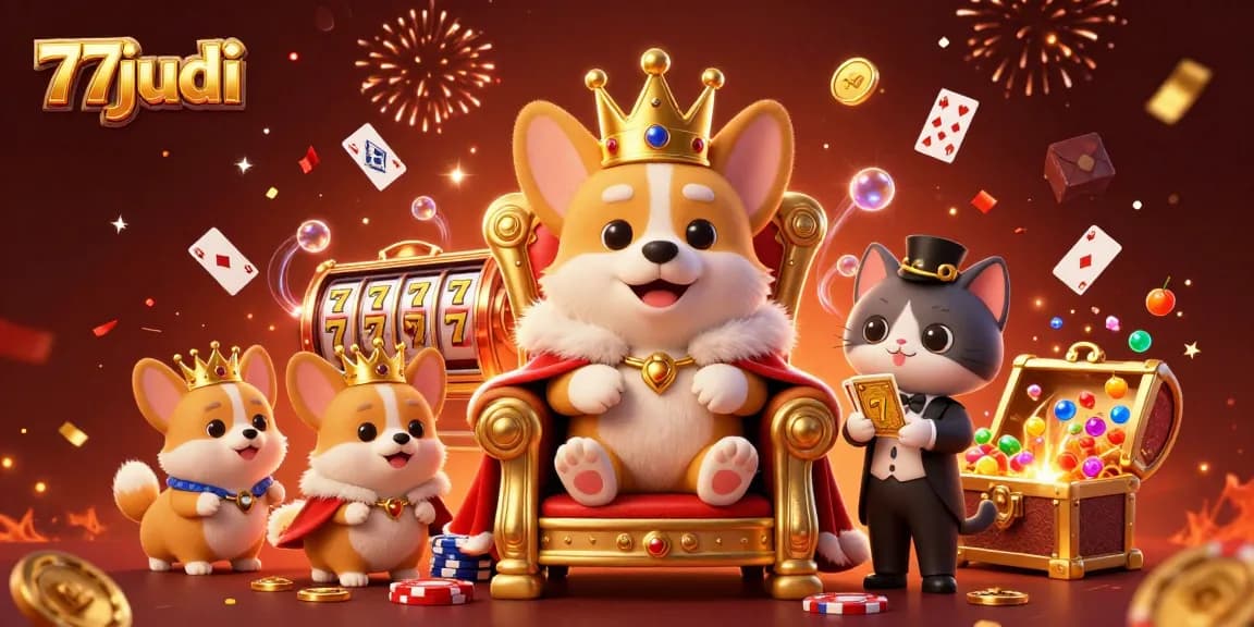 Experience the excitement of 77judi with royal corgi and vibrant casino elements in a 3D illustration.
