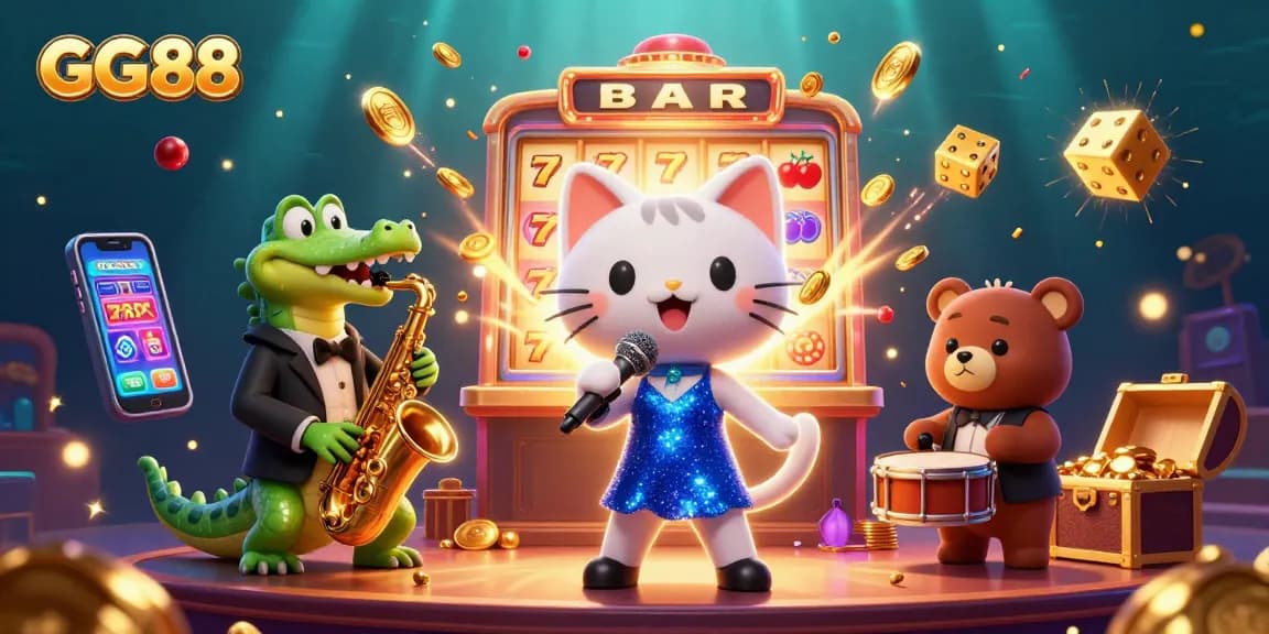 Join the excitement with GG88 at a vibrant casino scene featuring 3D characters and games!
