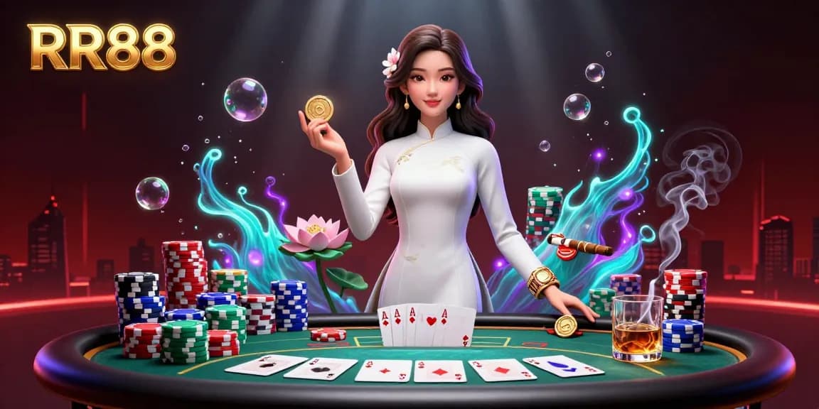 Win big at RR88 while enjoying a vibrant casino scene with poker chips and luminous elements.
