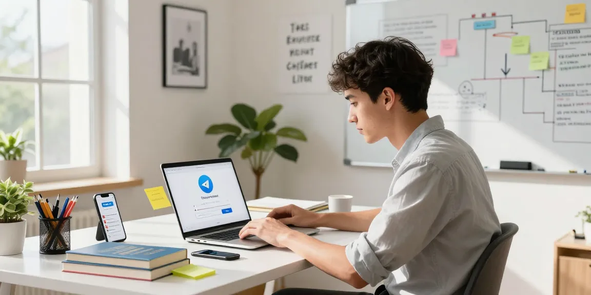 Downloading Telegram Download on a sleek laptop in a modern workspace with notes and a smartphone.
