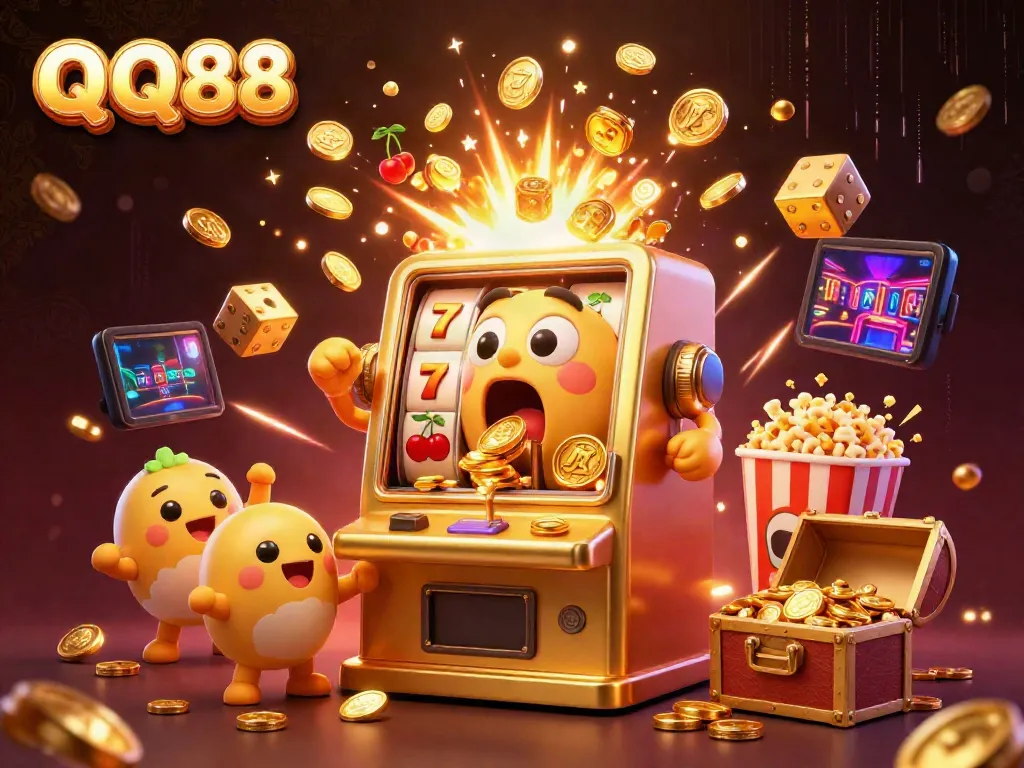 Experience thrilling jackpots at QQ88 as a golden slot machine hits it big, surrounded by cheering baby slots.