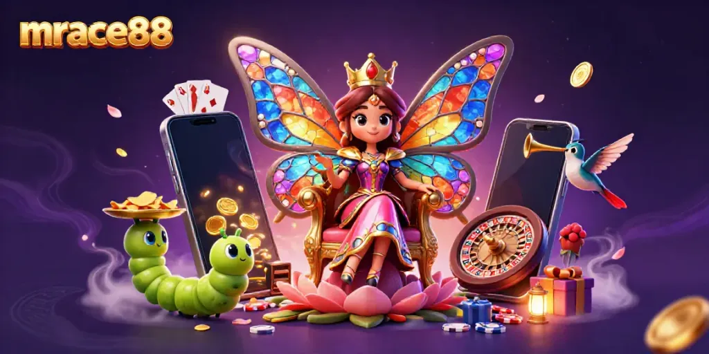 Experience the magic of mrace88 with vibrant casino elements, a butterfly queen, and dynamic gameplay fun.
