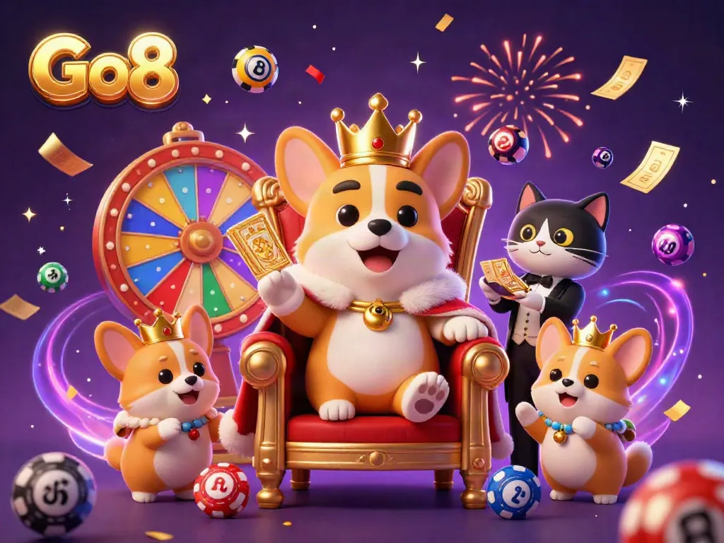 Experience thrilling gameplay at Go8 with a vibrant scene featuring a royal corgi surrounded by exciting casino elements.
