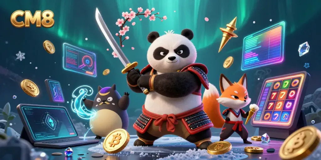 Play thrilling games with CM8's samurai panda and ninja fox in a vibrant casino-themed world showcasing jackpots!