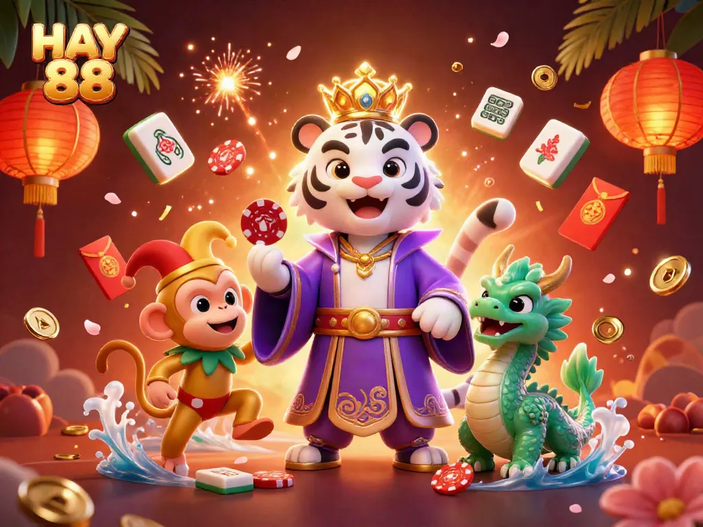 Engaging 3D scene featuring HAY 88 with a royal tiger, monkey juggling poker chips, and vibrant decorations.