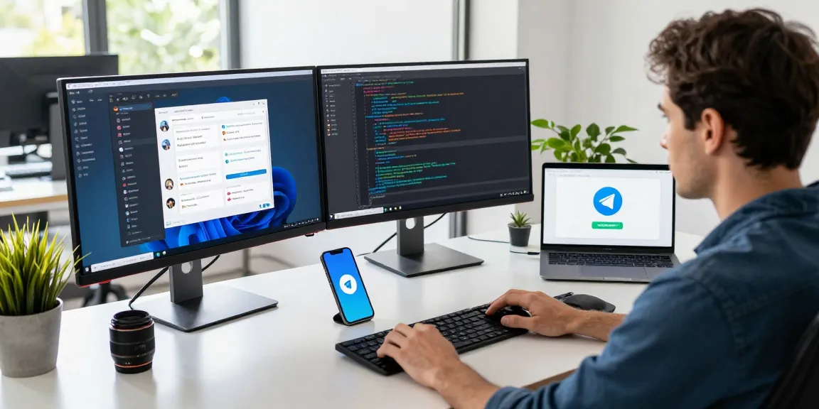 Developer focusing on Telegram下载 in a modern tech workspace with vibrant monitors and natural light.
