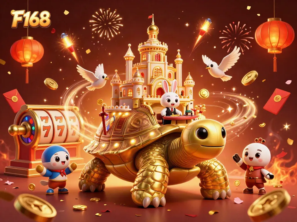 F168 showcases a vibrant casino scene with a golden tortoise, slot reels, and celebratory elements.