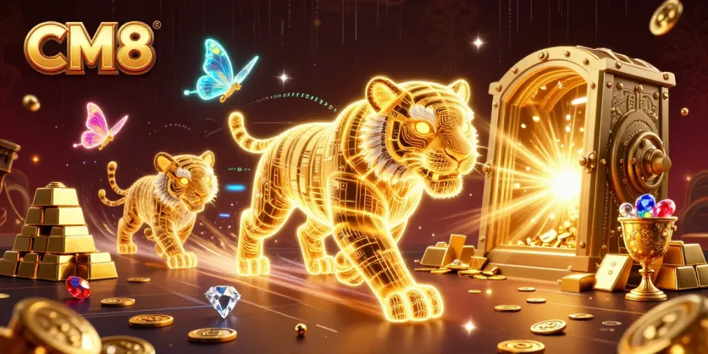 Experience immersive CM8 gaming with a vibrant 3D casino scene bursting with excitement.