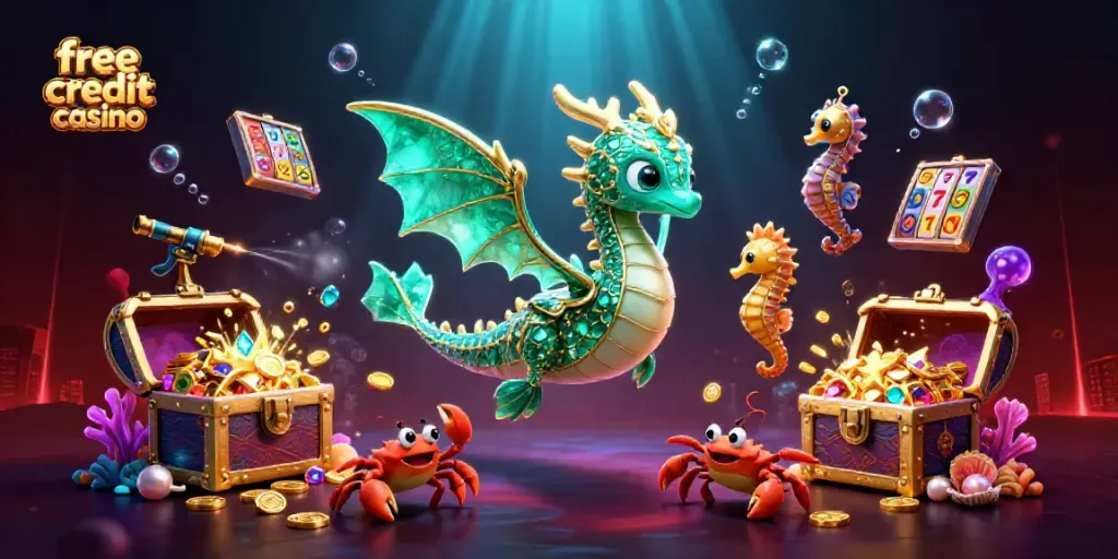 Play exciting games at the free credit casino with colorful slot reels, dragons, and treasure.
