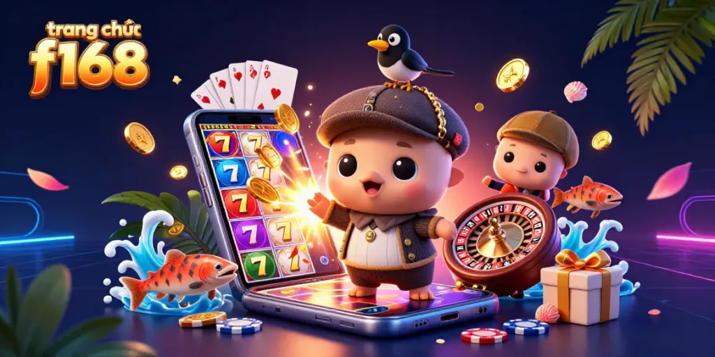 Engage with thrilling slots at trang chủ f168 featuring playful cartoon characters and vibrant casino elements.
