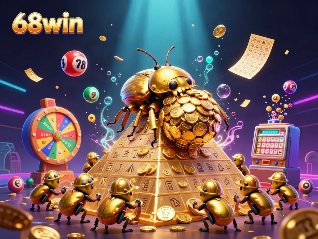68win showcases a vibrant, dynamic scene of a golden beetle rolling a coin ball, illustrating excitement in online gambling.