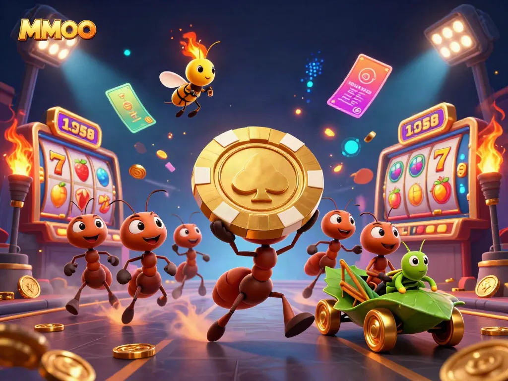 Experience the MMOO gaming adventure with animated ants during a golden poker heist in a detailed casino setting.