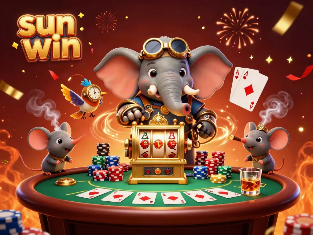Experience the excitement of sun win at a vibrant casino scene with steampunk characters and lively poker elements.