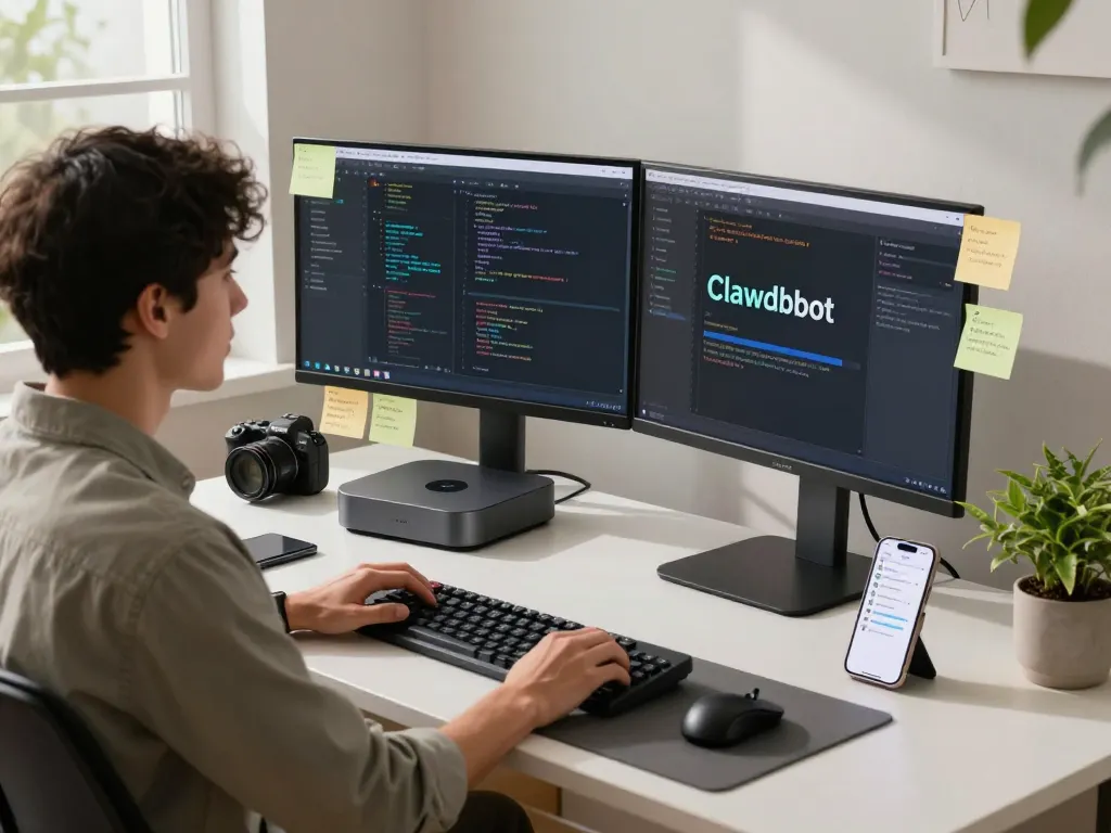 Clawdbot Mac setup in a modern home office with dual monitors and Mac mini, showcasing productivity with AI